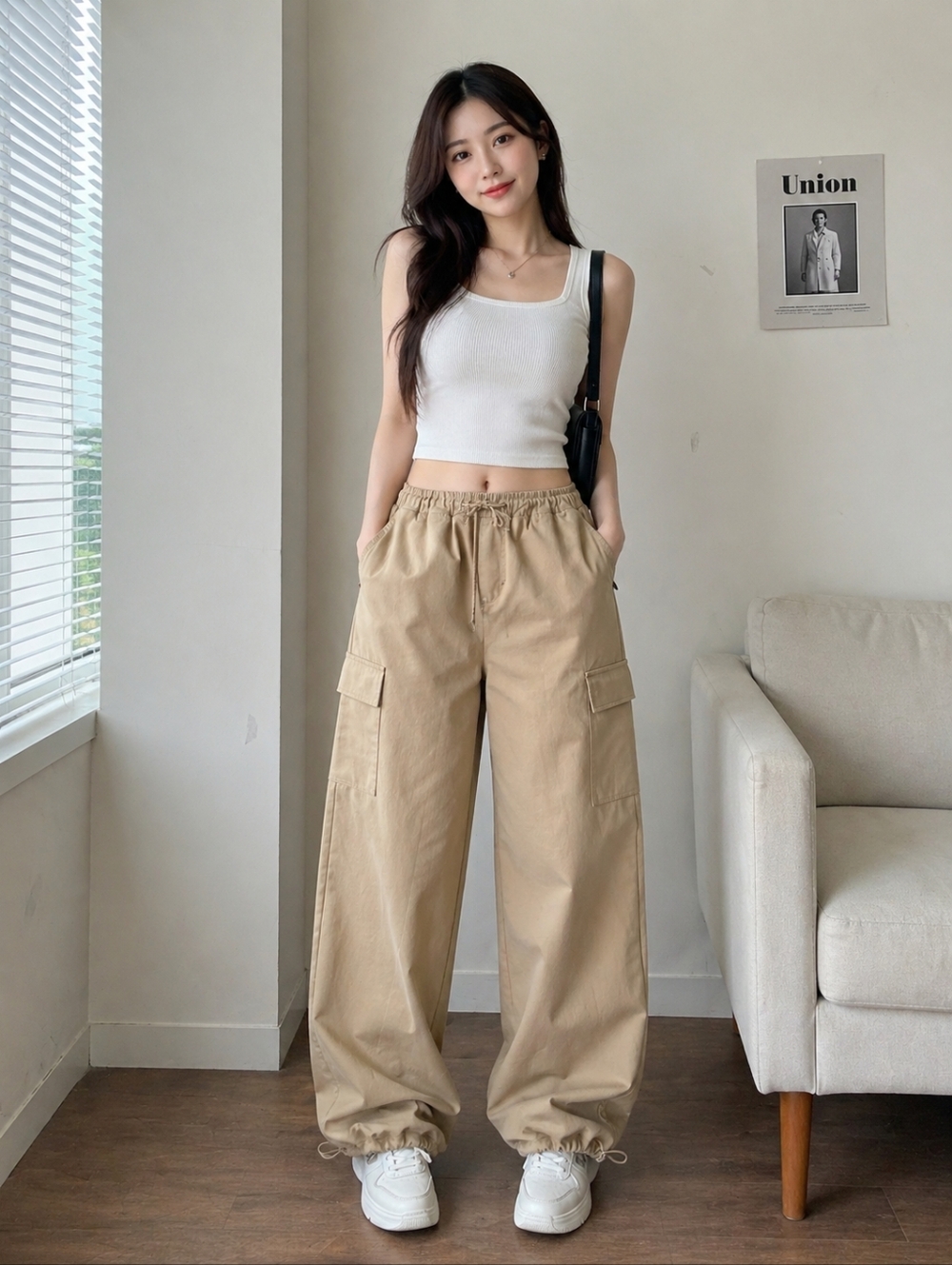 Women's Beige Cargo Utility Jumpsuit with Drawstring Waist